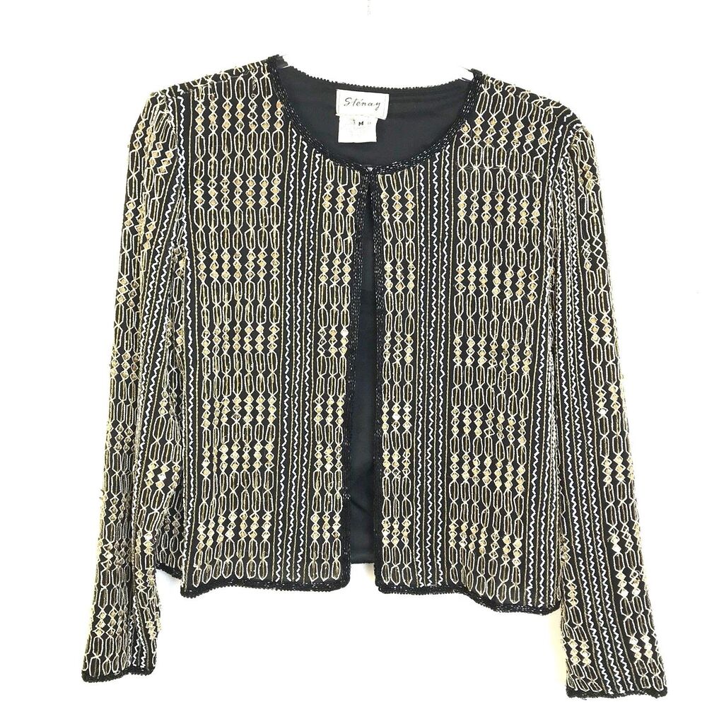 Stenay Evening Wear Jacket Women's Medium Black Gold Embellished Party Silk